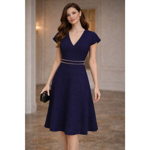 Karl Lagerfeld Navy V-Neck Pearl Trim A-Line Dress Size 6 Classic Old Money Chic